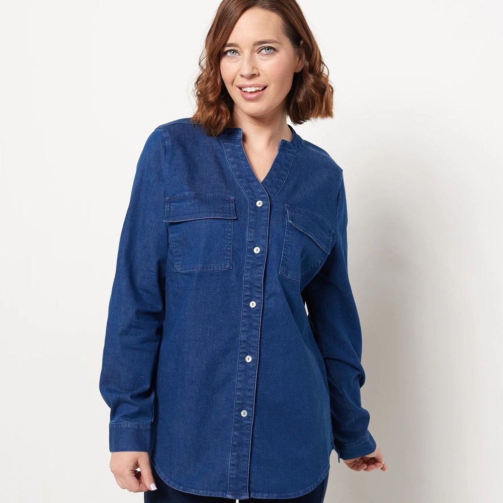 Belle by Kim Gravel Button Front Utility Shirt Dark Indigo XXS New